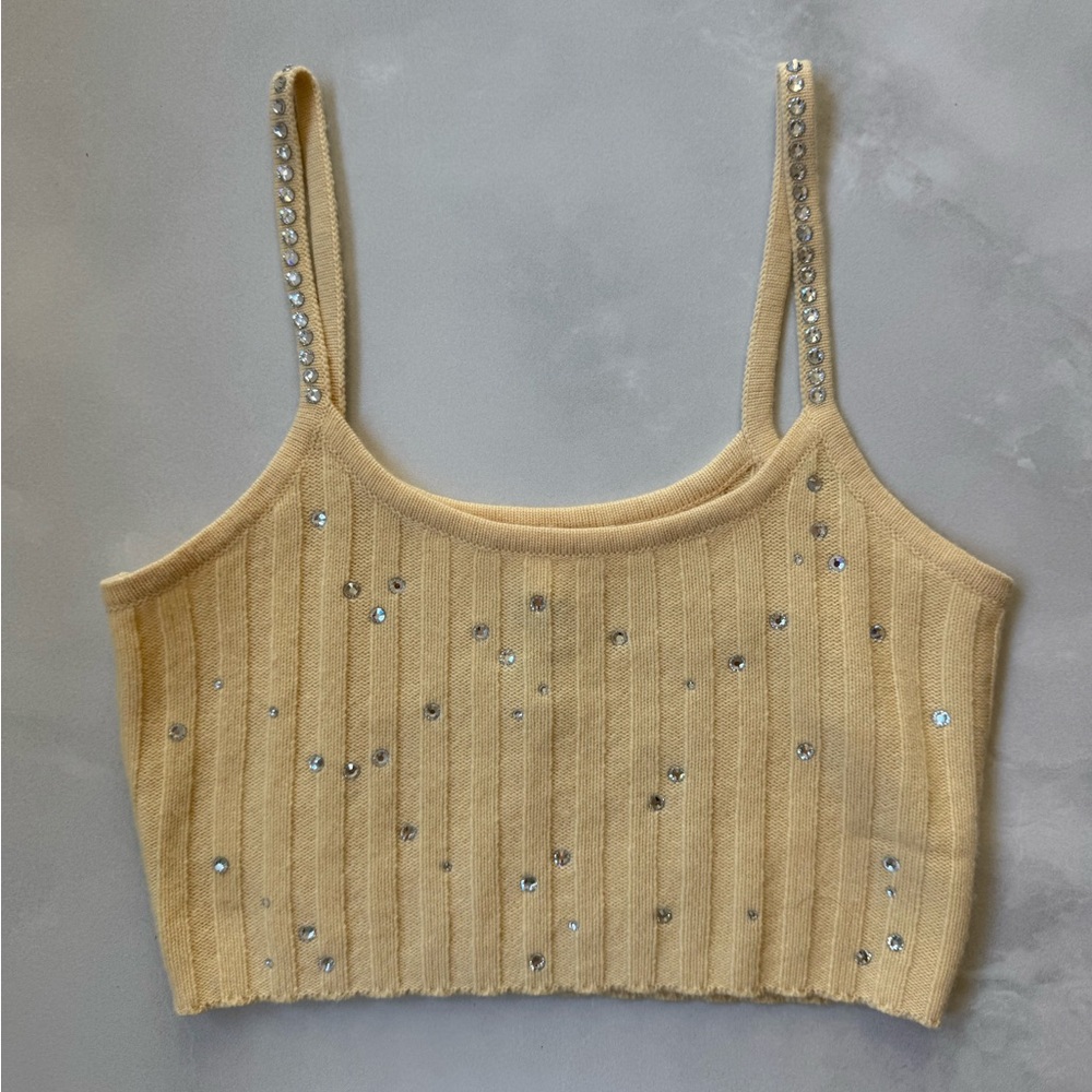 LoveShackFancy Celmira Yellow Crystal Embellished Crop Tank Top